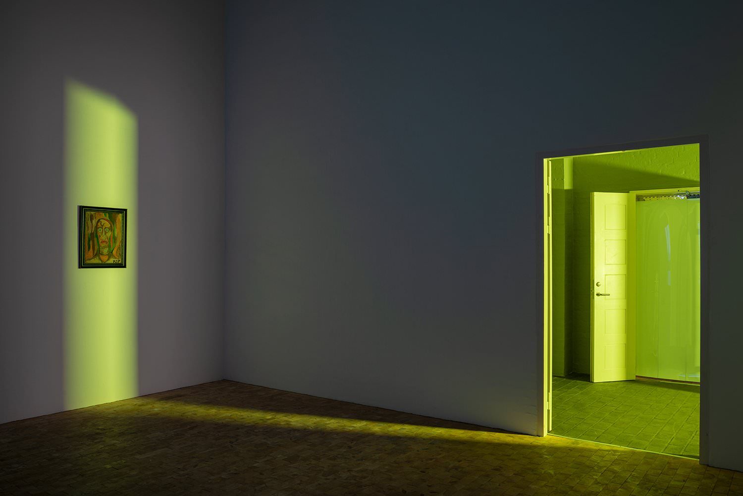 Sandra Mujinga, the room with a painting in acid green light and a green doorway