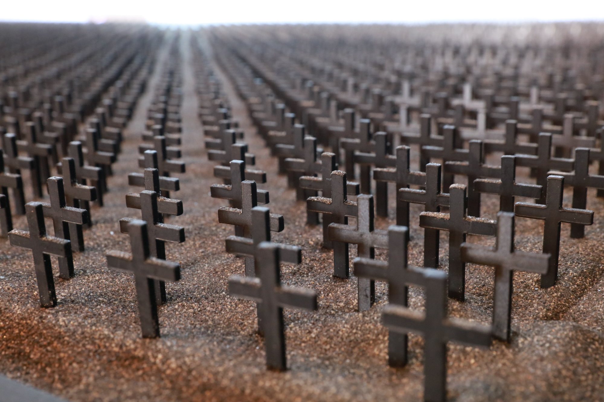 Sønderjyderne og Den Store Krig, rows of small black crosses in the sand