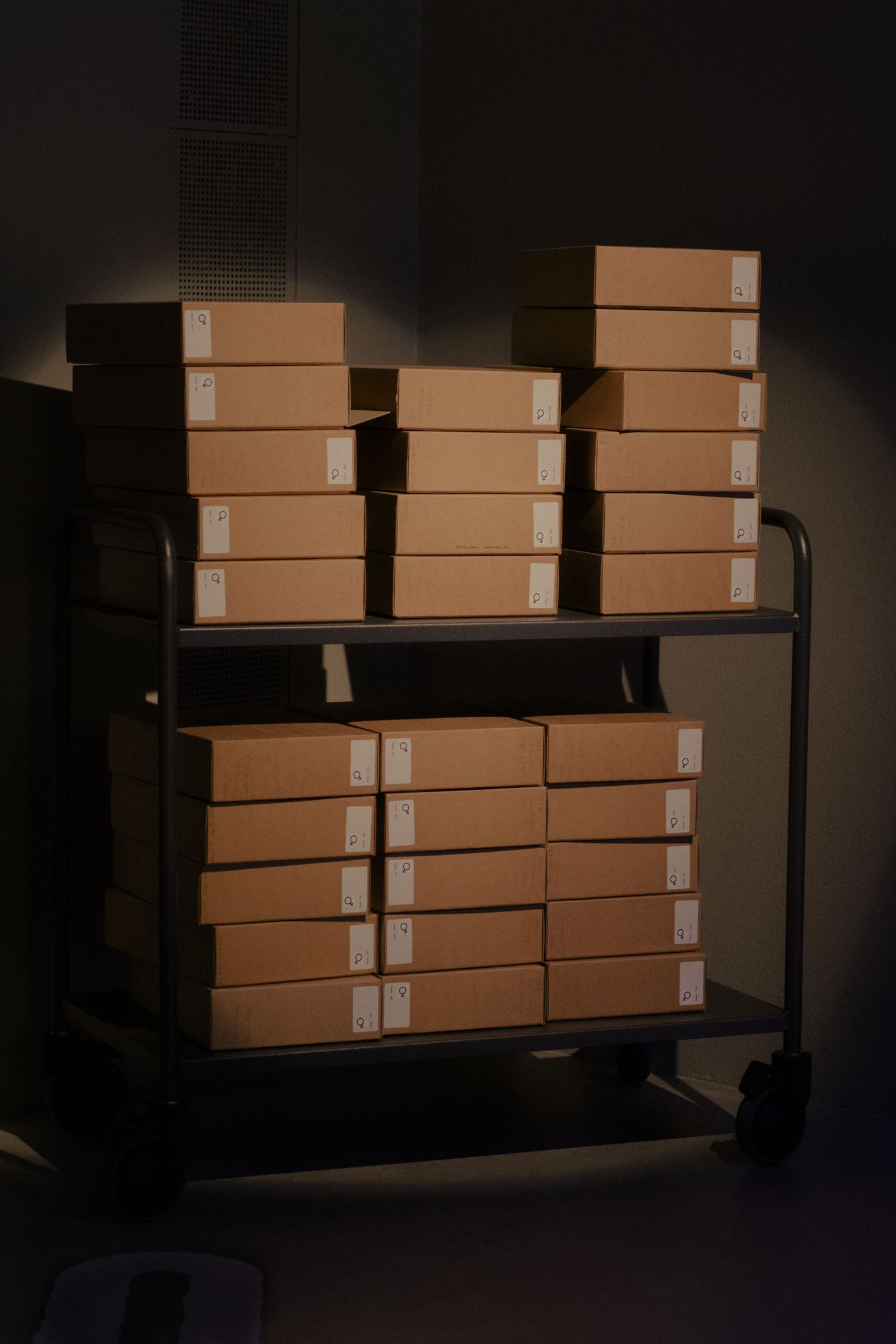 Kvindeliv, archive boxes stacked on a trolley in the opening room