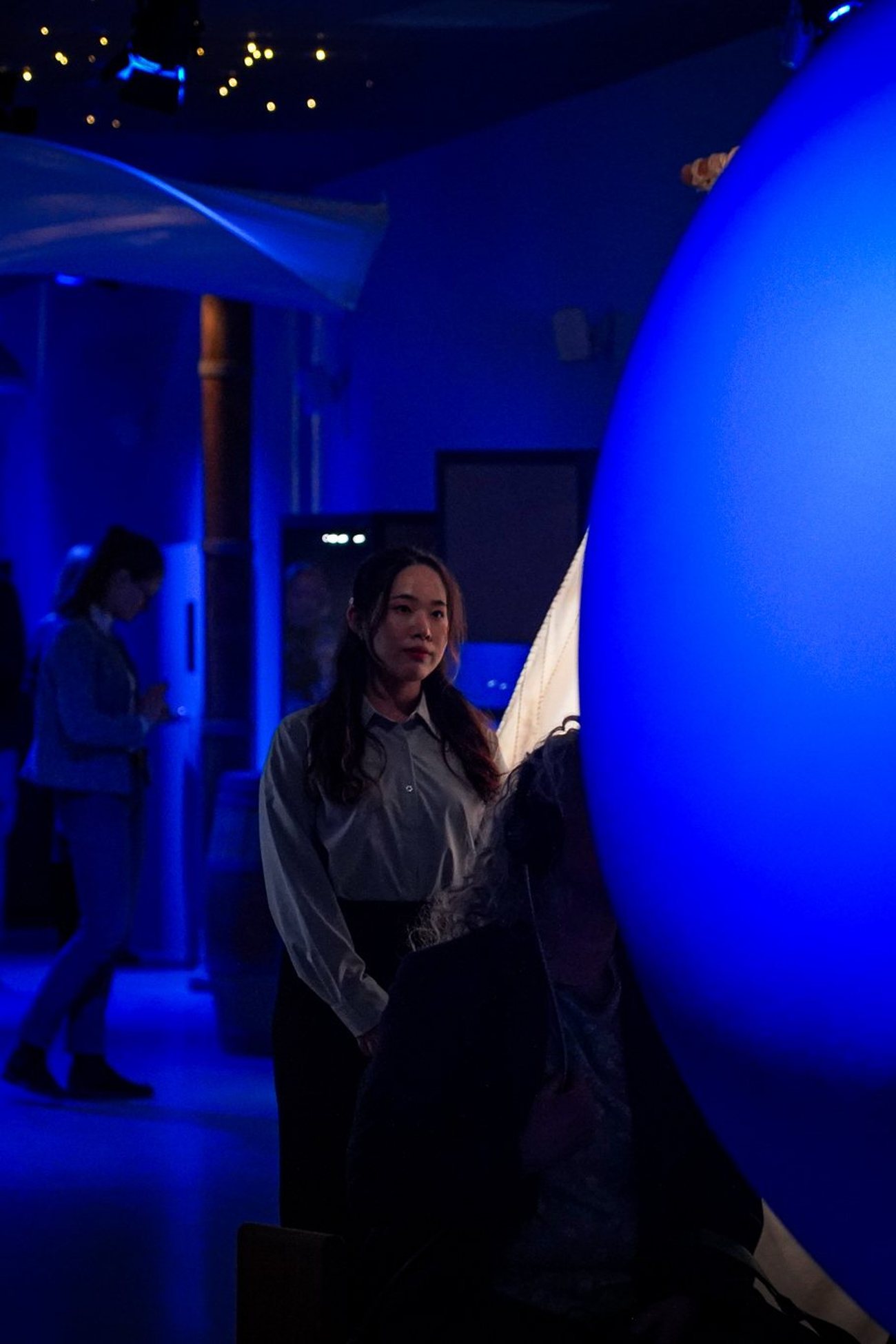 Søfarer, a visitor in the blue room under the projected globe on the opening night