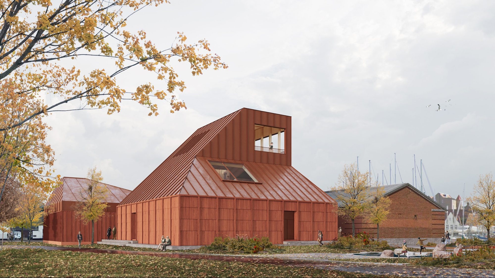 Visualisation of the new Øhavsmuseet on Faaborg harbour, seen from the south-west